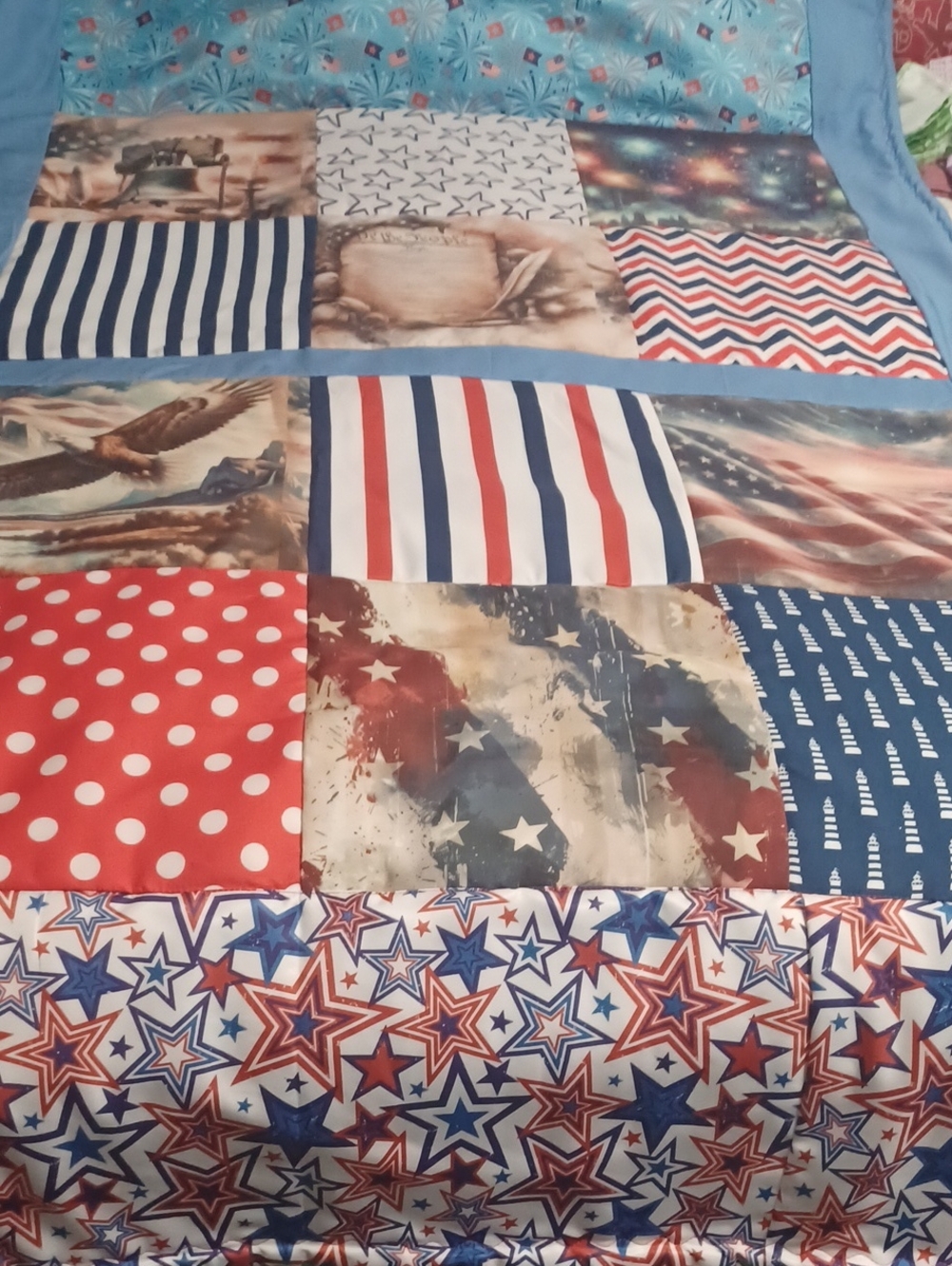 Homemade American Flag Patchwork Cotton Quilt - Red, White & Blue   36"x 56"